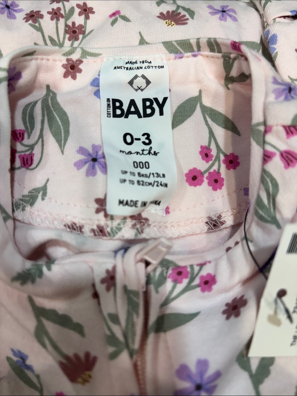 New! COTTON ON BABY Pink Floral Zip Romper 0-3 Months - Picture 3 of 5